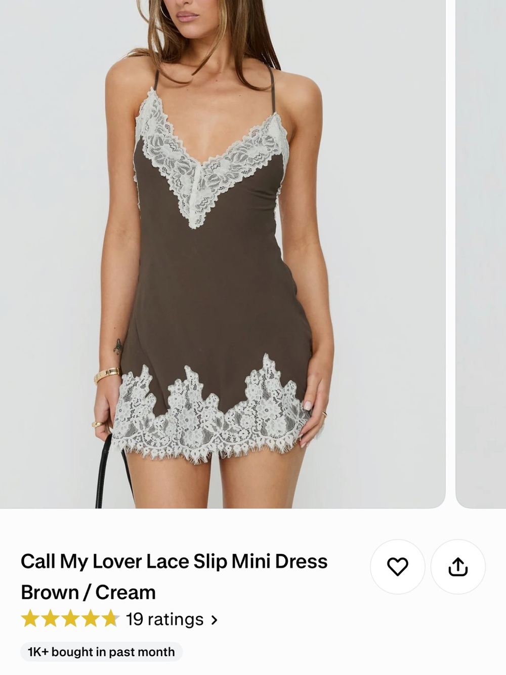 Princess Polly Brown Slip Dress with Cream Lace Trim